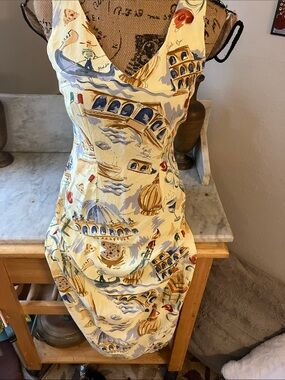 Tori Richard Yellow Venice Scenic Print Midi Dress Sexy Fab!! Vintage!